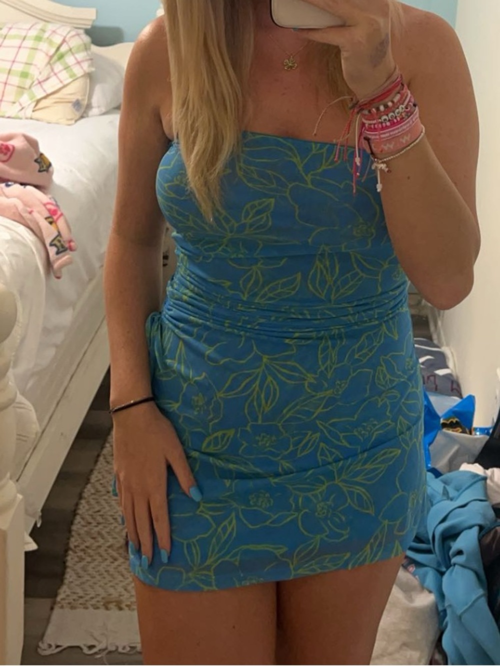 SHEIN Blue Strapless Floral Ruched Mini Dress